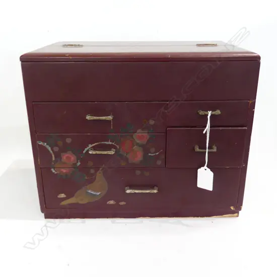 VINTAGE JAPANESE SEWING BOX dark red lacquer H.260mm