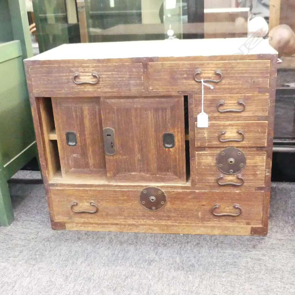 c1900 JAPANESE SMALL TANSU CHEST 6 DRAWER + PR DOORS H.480mm. Image 1++