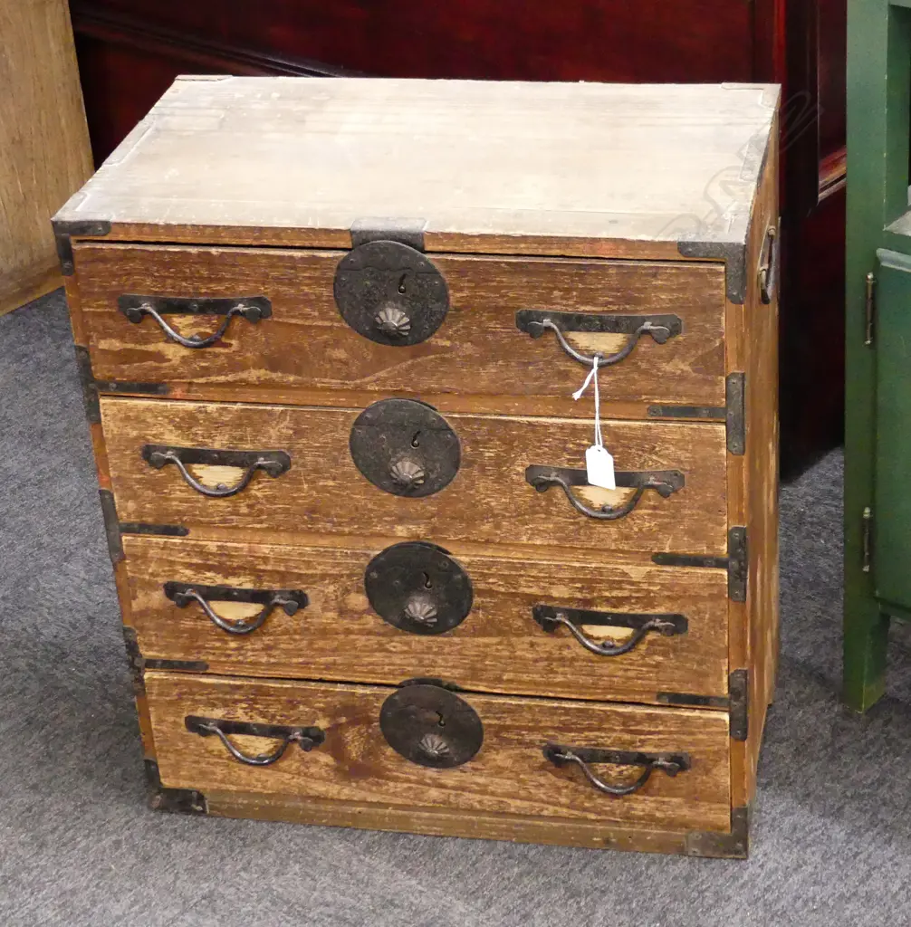 19thC JAPANESE SMALL TANSU CHEST 4 drawer H.575mm. Image 1++