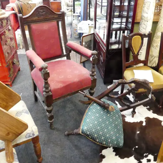 EDWARDIAN MASONIC ARMCHAIR + DINING CHAIR - 1 LEG BROKEN