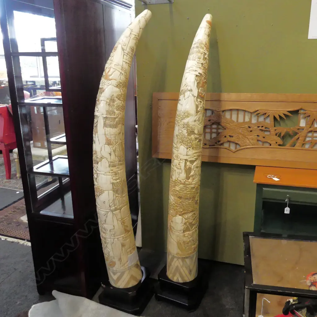 PR CARVED SECTIONAL BONE TUSK FORM SCULPTURES ON STANDS - H. 1570MM Image 1++