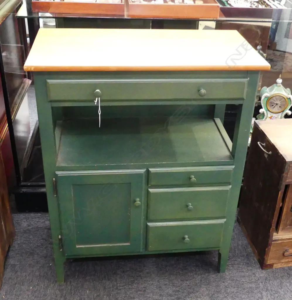 GREEN CABINET 4 DRAWERS H802MM open section & wood top Image 1++