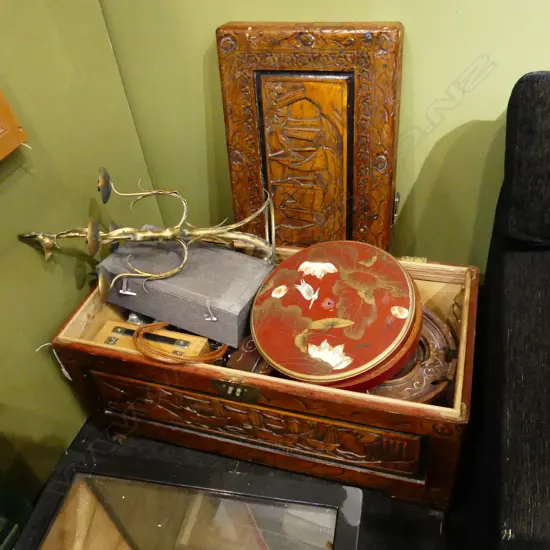 CARVED WOODEN CAMPHOR CHEST + ASST. CONTENTS