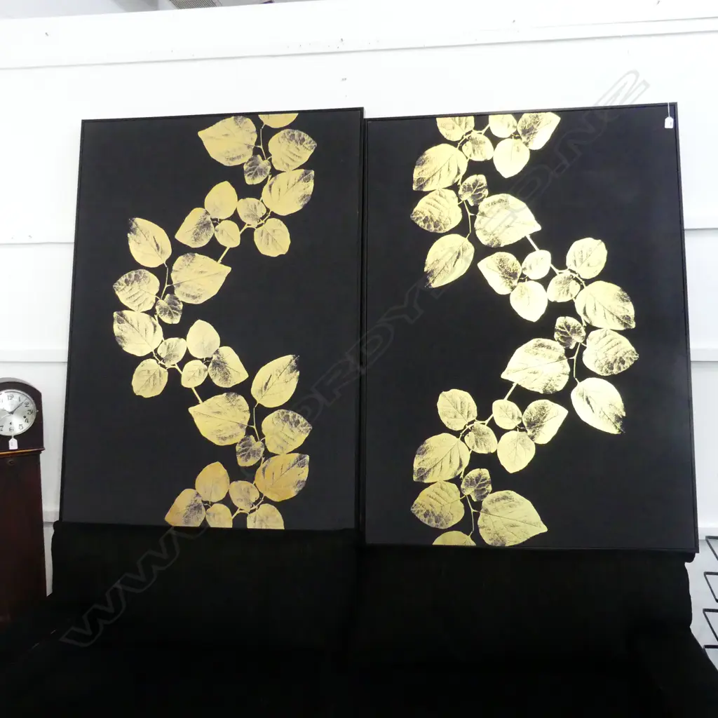 2 LGE BLACK & GOLD ARTWORKS gold leaves on black 1025 x 1420mm Image 1++