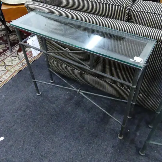 CONTEMPORARY IRON CONSOLE TABLE w. GLASS TOP 900x250x750mm