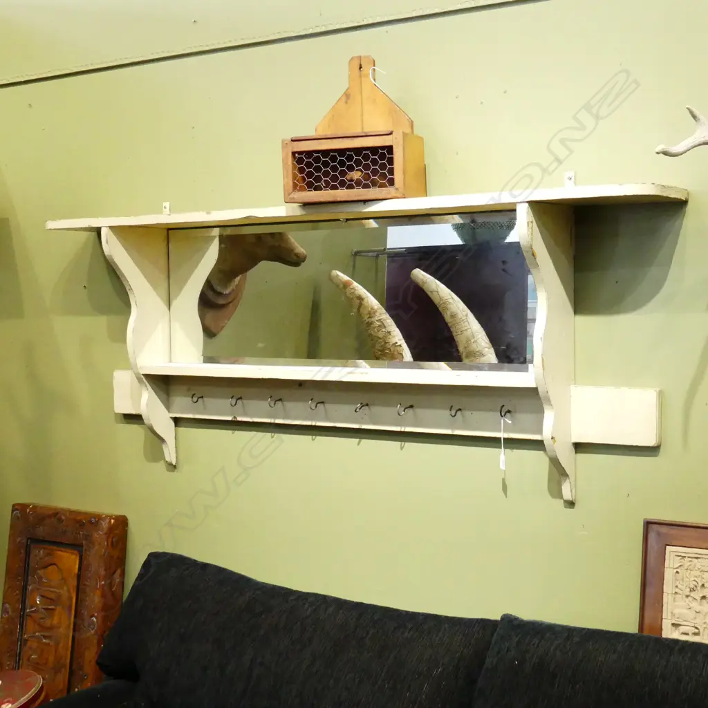 WHITE PAINTED WALL SHELF w. MIRROR W.1745mm Image 1++