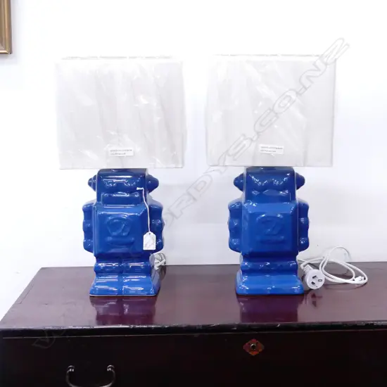PR BLUE CERAMIC ROBOT LAMPS - AS NEW H.465mm