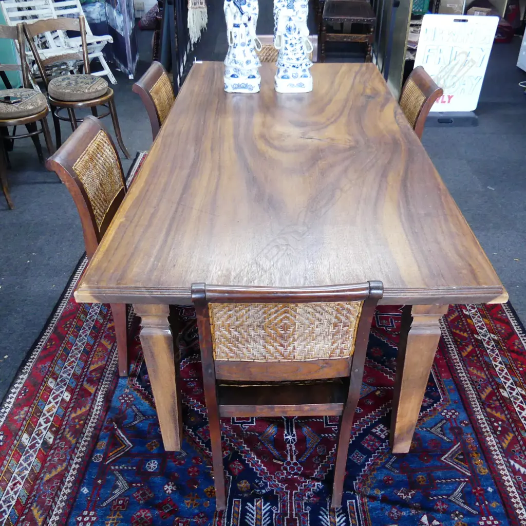 WOODEN SLAB DINING TABLE - BASE PEGGED + 5 CHAIRS (2 FAULTED) 2090x1020x800mm Image 1++