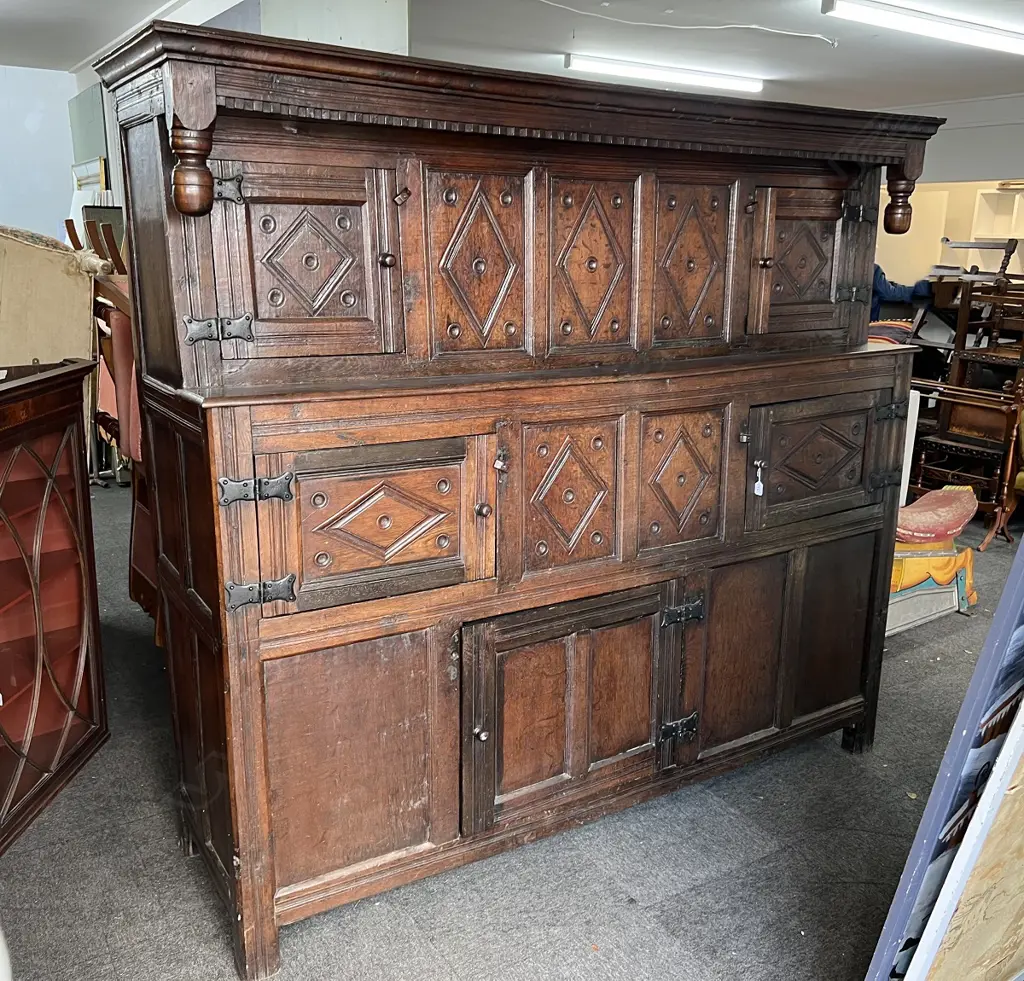 LGE George III c1800 JACOBEAN STLYE OAK COURT CABINET W.2045mm. H.1910mm. Image 1++