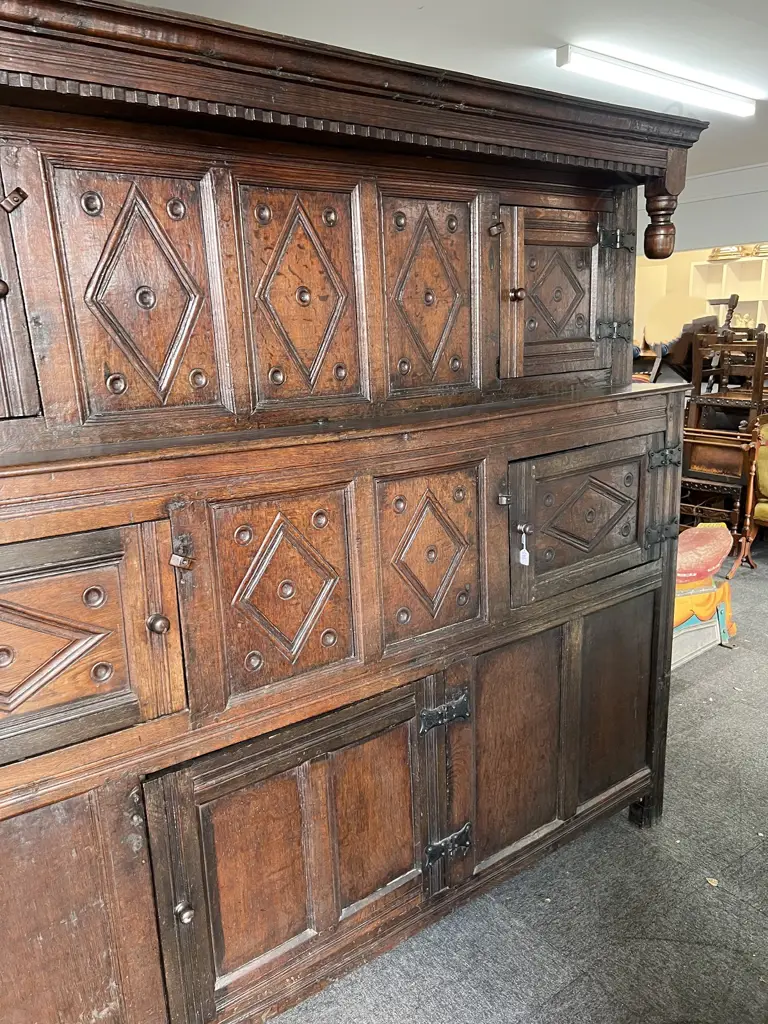 LGE George III c1800 JACOBEAN STLYE OAK COURT CABINET W.2045mm. H.1910mm. Image 1++