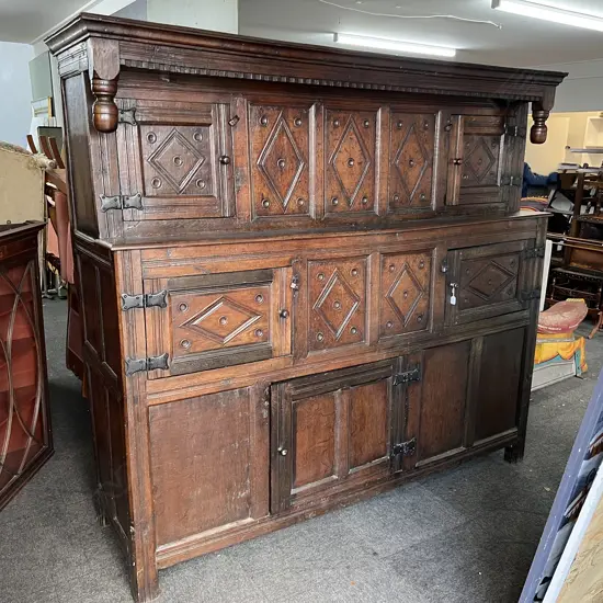 LGE George III c1800 JACOBEAN STLYE OAK COURT CABINET W.2045mm. H.1910mm.