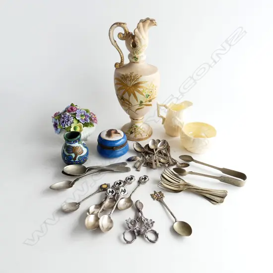 SMALL BOX BELLECK CHINA  FLORAL CHINA EP SPOONS ETC