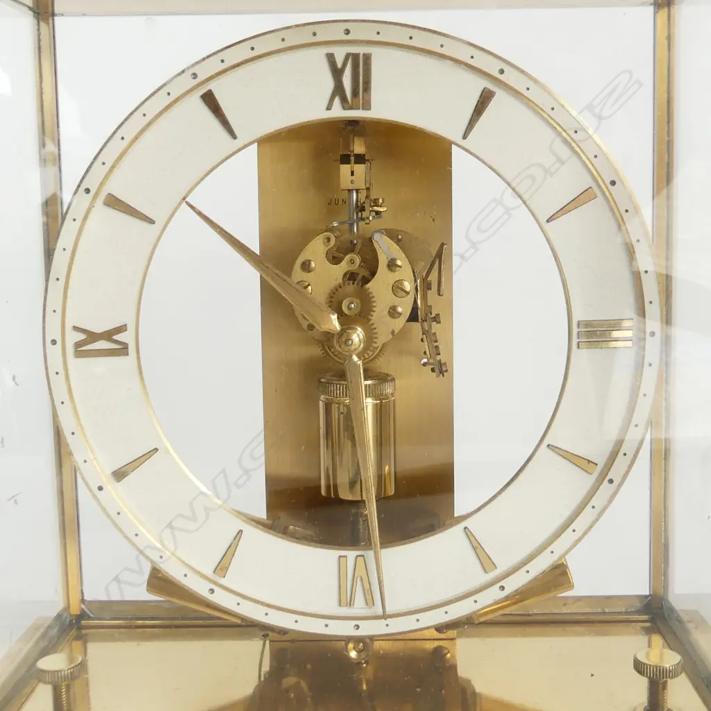 MID CENTURY JUNGHANS ATO ELECTROMAGNETIC BRASS SKELETON TYPE CLOCK GLASS CASED H.265mm Image 1++