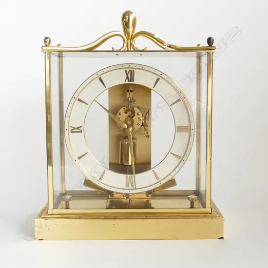 MID CENTURY JUNGHANS ATO ELECTROMAGNETIC BRASS SKELETON TYPE CLOCK GLASS CASED H.265mm