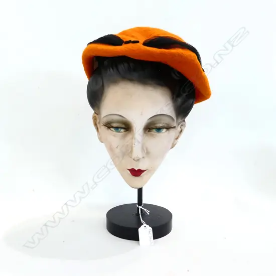 VINTAGE DECO PAINTED CERAMIC WALL FACE w. HAT ON STAND H.370mm