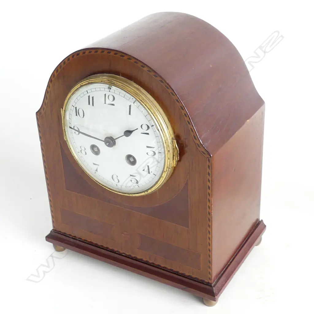 EDW MAHOG INLAID MANTLE CLOCK ENAMEL DIAL w hair crack H. 240MM Image 1++