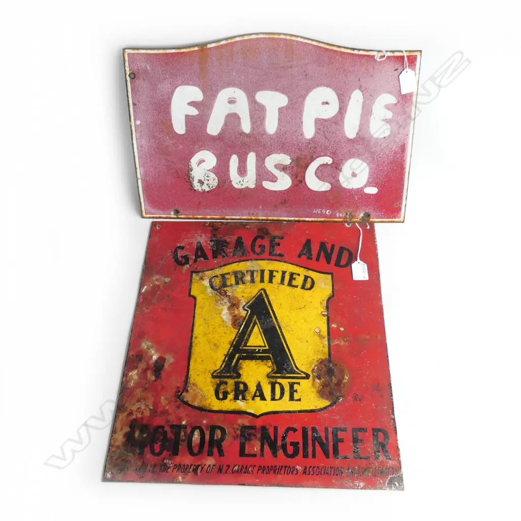 2 OLD ENAMEL SIGNS. 'GARAGE AND MOTOR ENGINEER' 430X380 & 'FAT PIE BUS CO' 310X450mm Image 1++