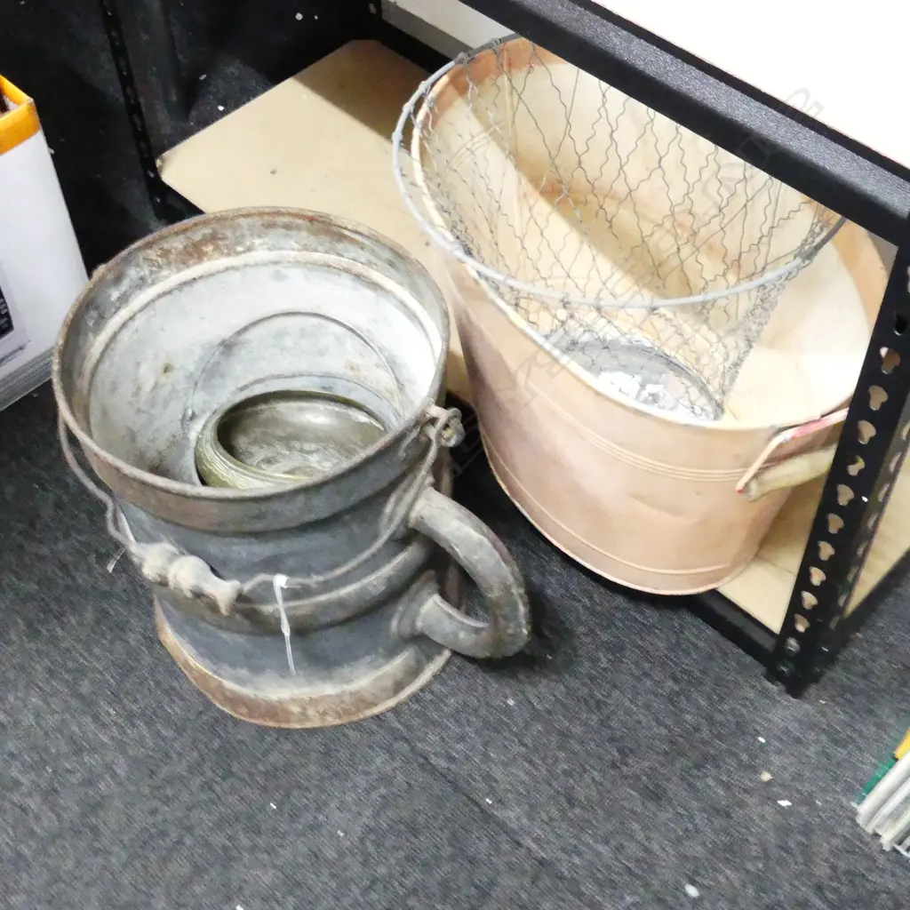 5 METAL PCES; BUCKETS W.420mm, WIRE BIN, BRASS BOWL Image 1++