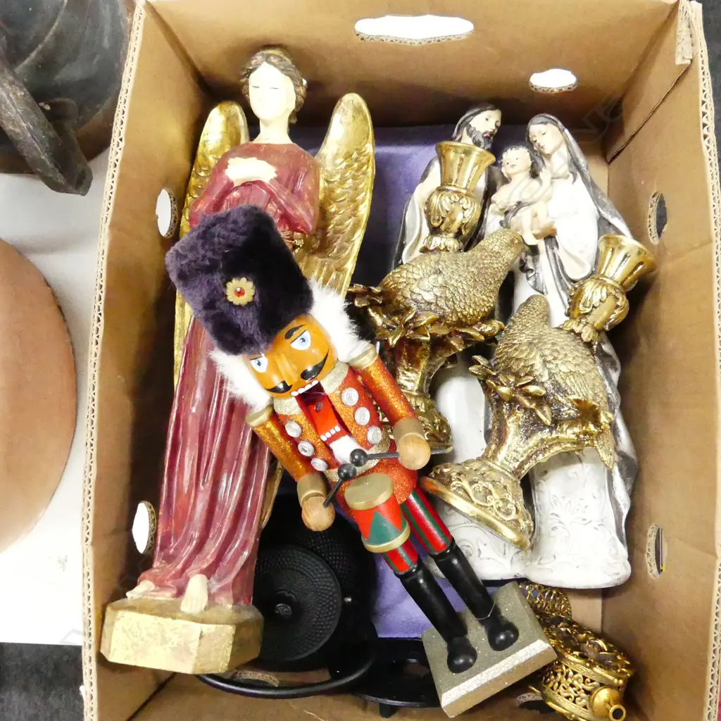 BOX LOT RESIN ANGEL, NUTCRACKER, PR GOLD QUAIL CANDLESTICKS, KETTLE ETC Image 1++