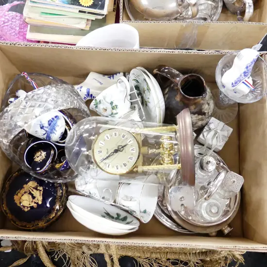 BOX LOT ASST. CHINA, CRUET SET, DOME CLOCK, CRYSTAL BUCKET ETC