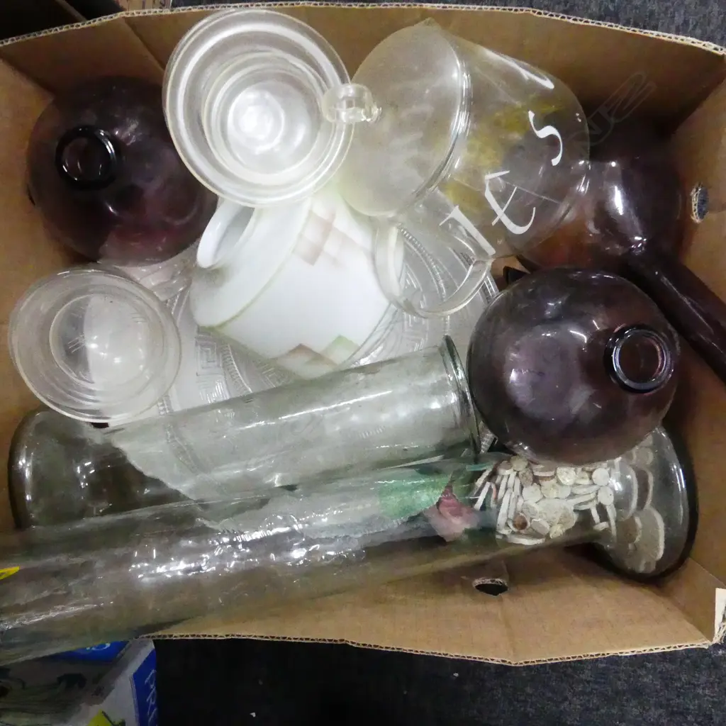 BOX LOT ASST. GLASS VASES ETC Image 1++