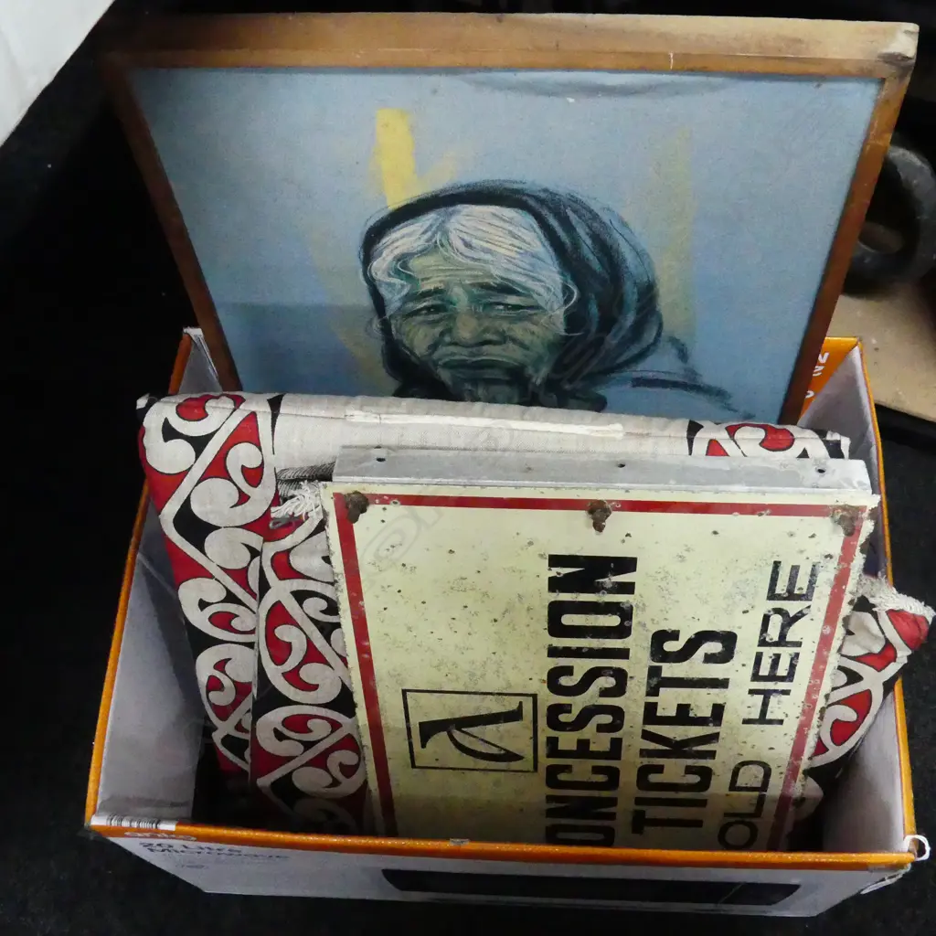 BOX LOT SIGN, ZAMBUCKA MAORI WOMAN PRINT, RETRO CLOCK, JUG, CUTLERY ETC Image 1++