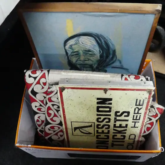 BOX LOT SIGN, ZAMBUCKA MAORI WOMAN PRINT, RETRO CLOCK, JUG, CUTLERY ETC