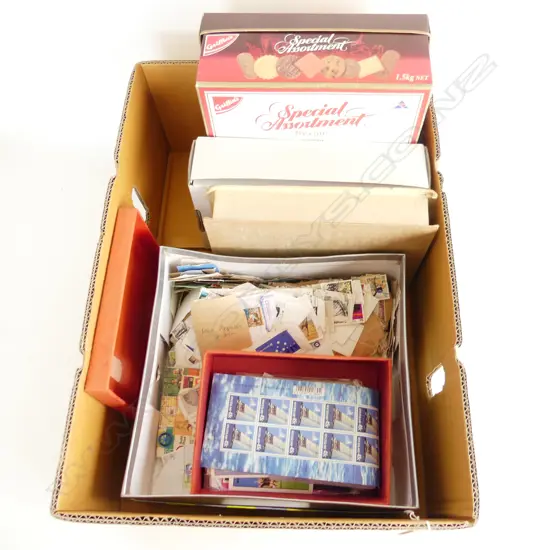 5 BOXES in 1 box OF ASST NZ + AUST etc STAMPS LOOSE. Incls. NZ mini sheets etc