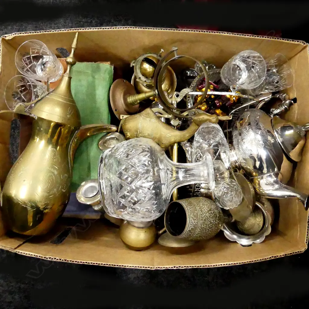 BOX LOT EP, BRASS, CRYSTAL DECANTER ETC Image 1++