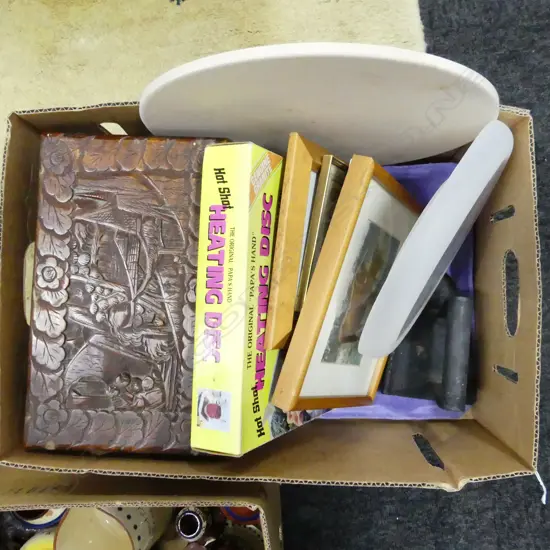 BOX LOT CARVED CAMPHOR BOX, CLOCK ETC