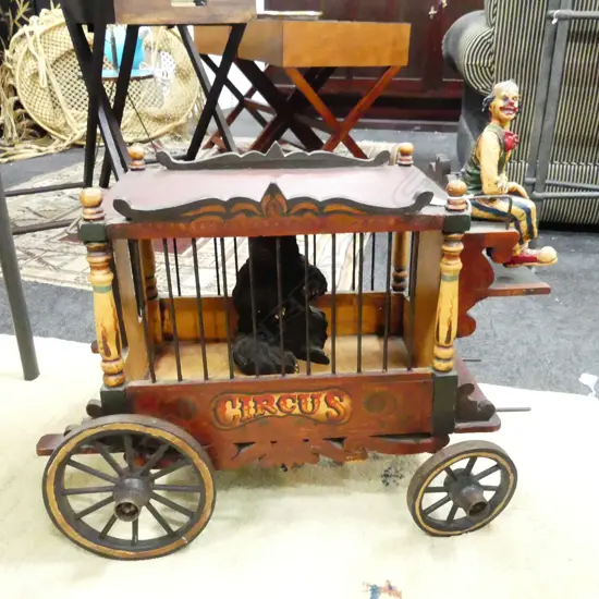 CARVED WOOD MODEL CIRCUS WAGON WITH BEAR & CLOWN DRIVER L580MM