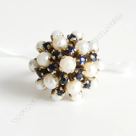 14CT GOLD PEARL & SAPPHIRE PRINCESS VINTAGE RING 5.2gms