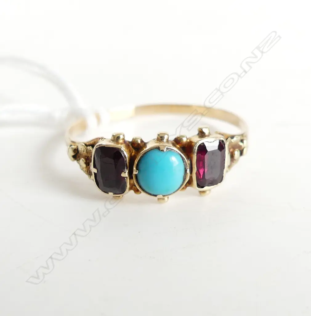 GEORGE III 15ct GOLD GARNET & TURQUOISE RING 1.4gms Image 1++