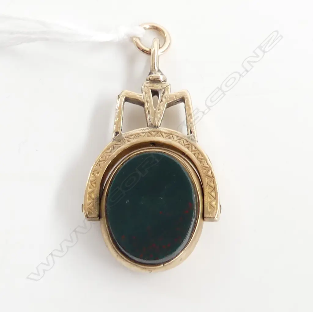 10ct GOLD VICTORIAN FOB SPINNER bloodstone & chalcedony panels 7.2gms Image 1++