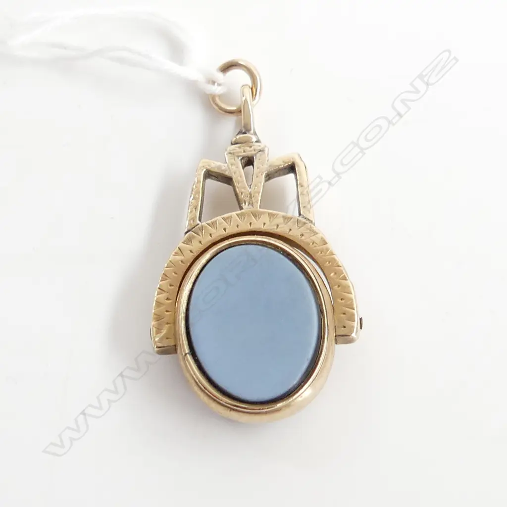 10ct GOLD VICTORIAN FOB SPINNER bloodstone & chalcedony panels 7.2gms Image 1++