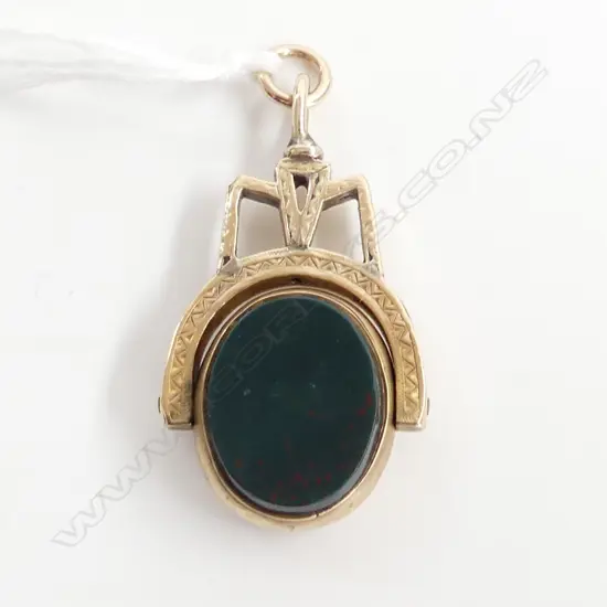10ct GOLD VICTORIAN FOB SPINNER bloodstone & chalcedony panels 7.2gms