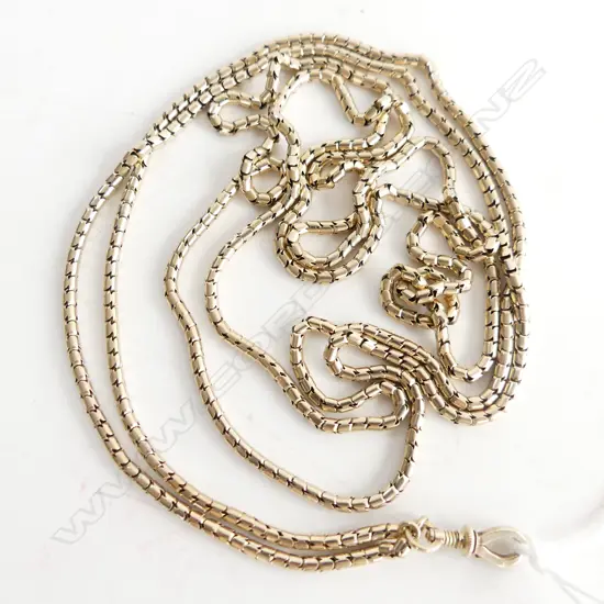 C1900 GOLD MUFF CHAIN snake link L.1280mm testing as 14ct. 22.8gms