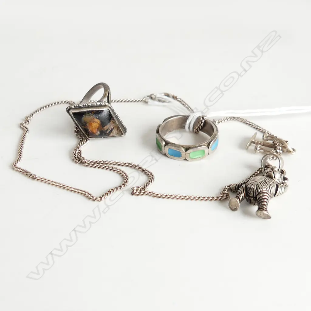 4 SILVER PCS: ARTICULATED TEDDY BEAR,  BUTTERFLY RING, ENAMEL RING & CHARM  ON CHAIN, TOTAL 11gm Image 1++