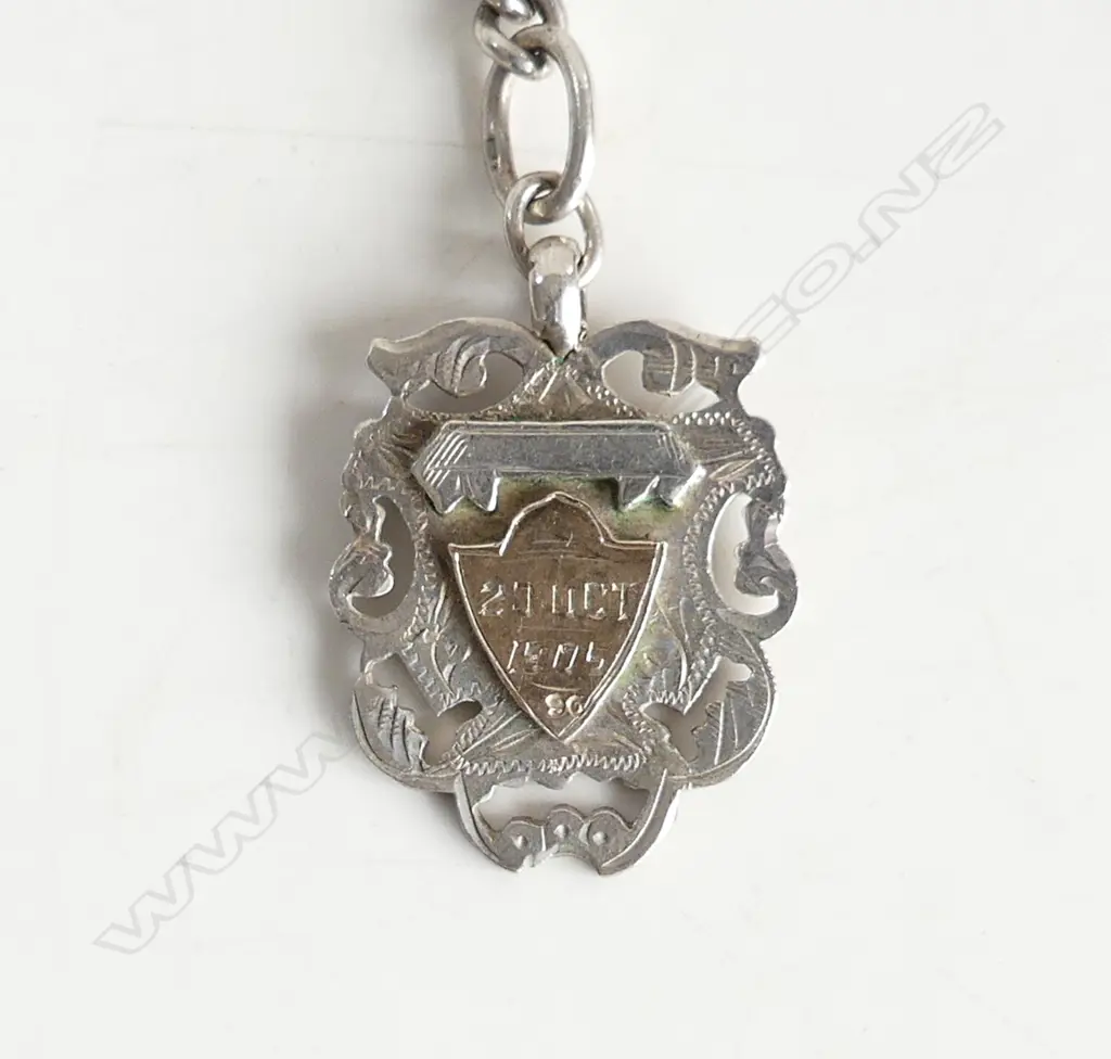 c1900 SILVER CURB LINK ALBERT CHAIN W FOB SWIVELL & MEDALLION L.365mm Image 1++