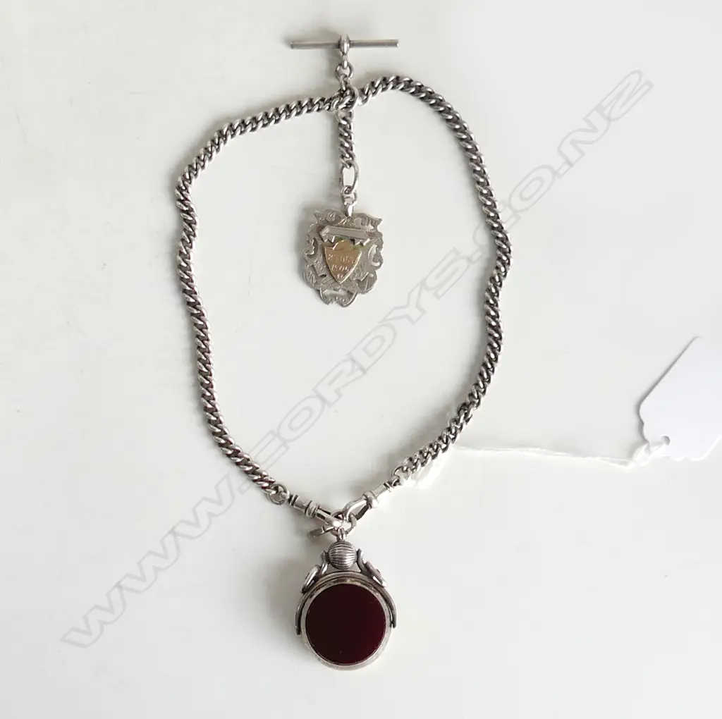 c1900 SILVER CURB LINK ALBERT CHAIN W FOB SWIVELL & MEDALLION L.365mm Image 1++