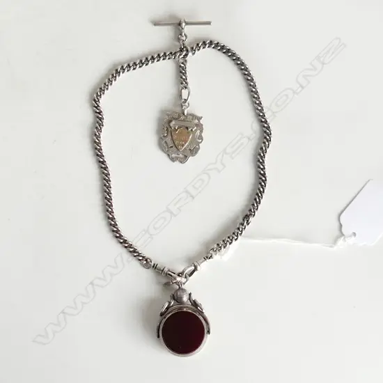c1900 SILVER CURB LINK ALBERT CHAIN W FOB SWIVELL & MEDALLION L.365mm