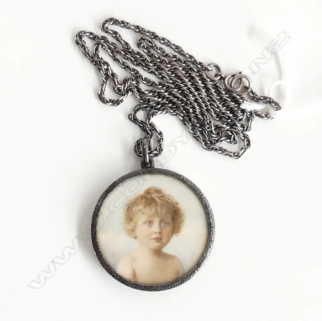 MINIATURE PORTRAIT PENDANT ON IVORY, S/SILVER CHAIN 58cm Image 1++