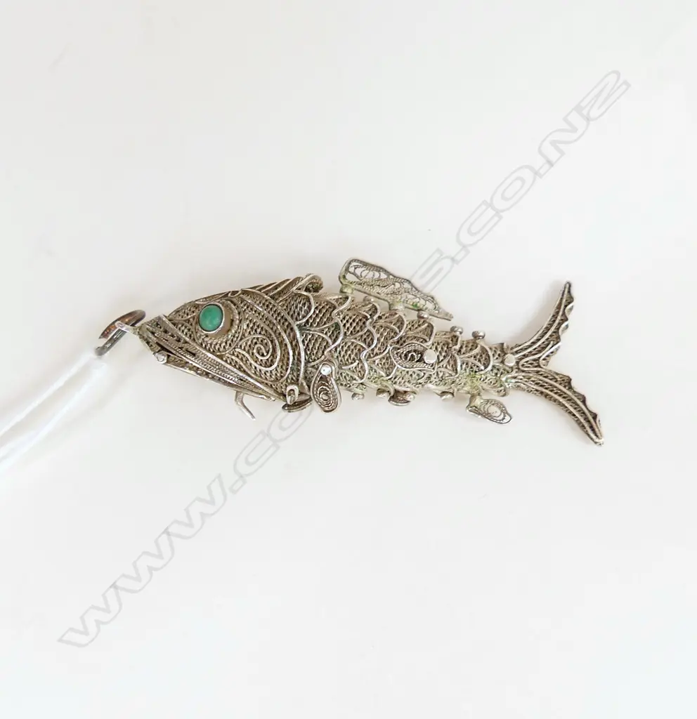 VINTAGE SILVER ARTICULATED FISH PENDANT  w opening mouth compartment turquoise eye Image 1++