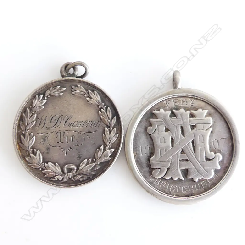 2 NZ SILVER SPORTS MEDALS 1 MARKED S KOHN& CO WELLINGTON  Image 1++