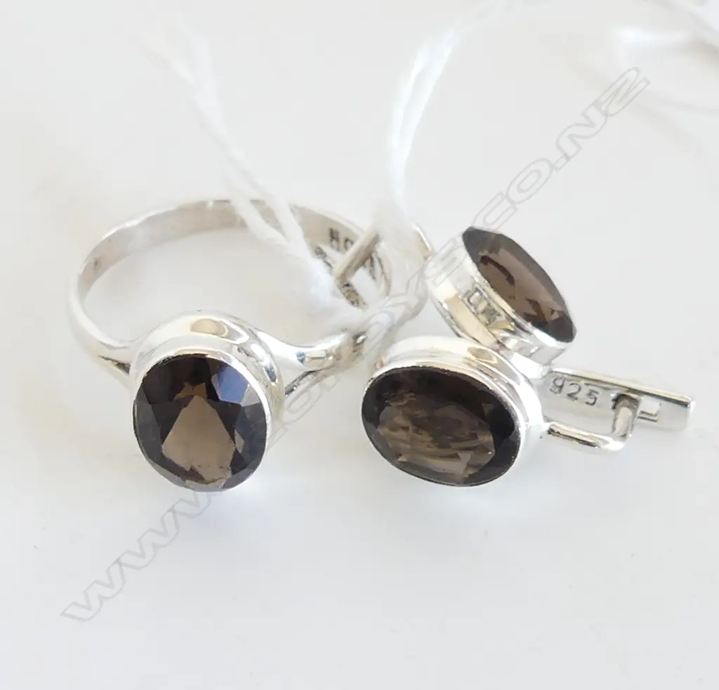 3 PC SET; SMOKY TOPAZ 925 SILVER SET RING & EARRINGS Image 1++