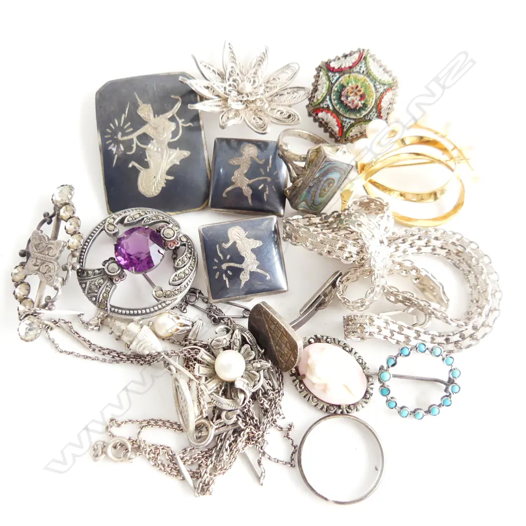 BAG mostly SILVER JEWELLERY: 4 NECKLACES + SIAM BROOCH & EARRINGS + brooches ring etc 92gms   Image 1++
