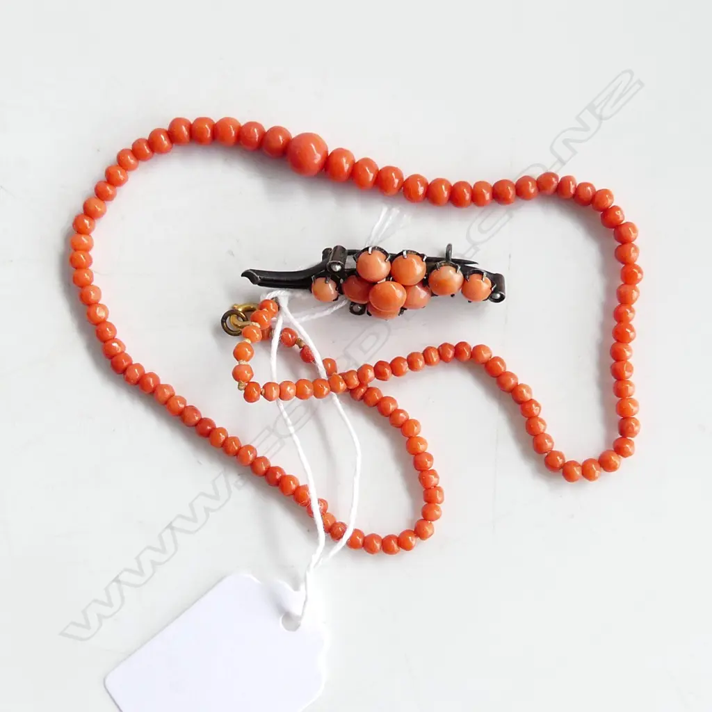 OLD MEDDITEREAN RED CORAL NECKLACE & BROOCH W SILVER FRAME & seed pearl highlights Image 1++