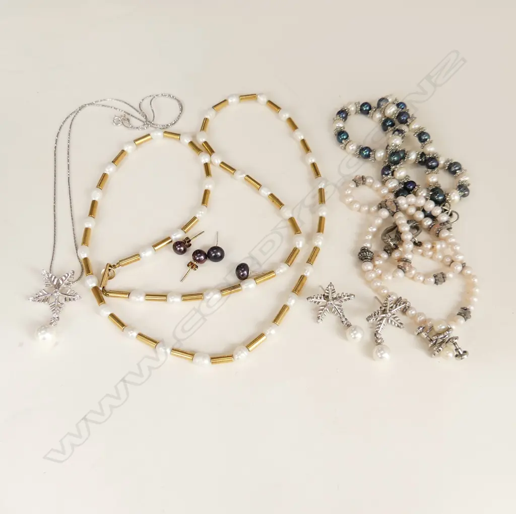 ASST. STG & PEARL JEWELLERY; 4 NECKLACES, 4 PRS EARRINGS  Image 1++