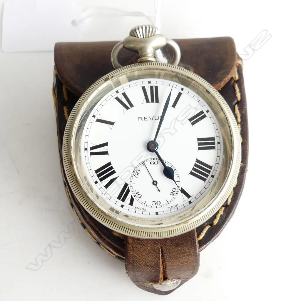 EARLY/MID 20THC REVUE POCKET WATCH running. In leather pouch case Image 1++