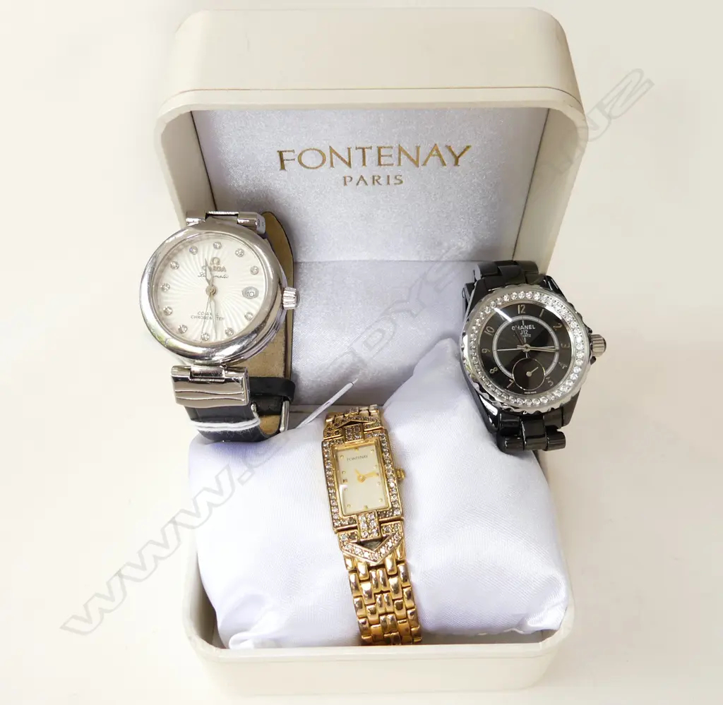 3 LADIES WRIST WATCHES; OMEGA, CHANEL? & FONTENAY (BOXED) Image 1++
